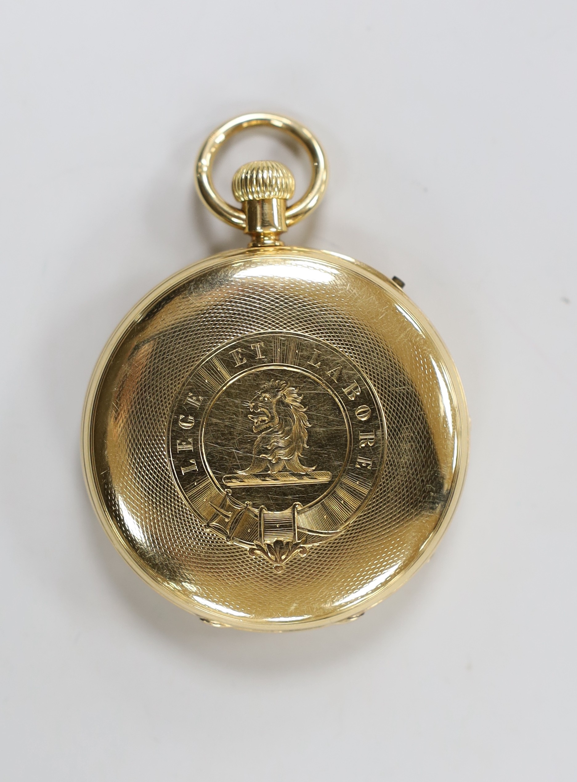 A late Victorian 18ct gold open face pocket watch, by E.G. Johnson, London, with Roman dial and subsidiary second, case diameter 49mm, gross weight 95.7 grams